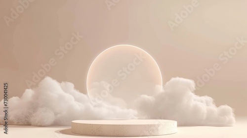 White round podium pedestal, glowing rim frame and clouds on beige background for product presentation or showcase empty mock up