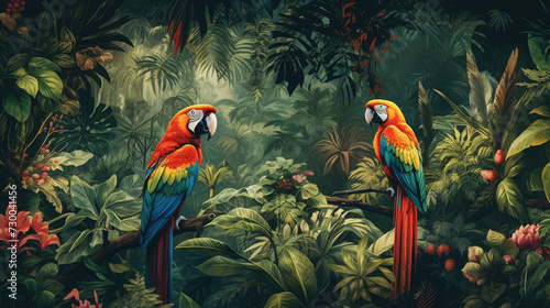 Tropical leaves background, toucan parrot, tropical birds, retro fresco, old paper, shabby wall - generative AI © Александра Низенко