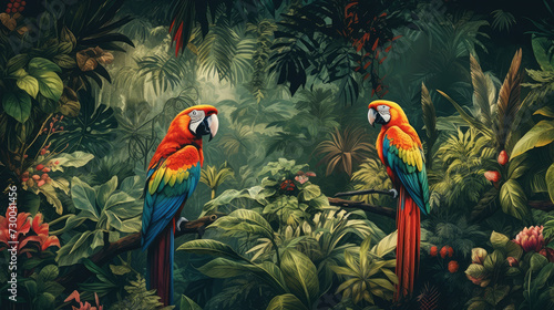 Wallpaper Mural Tropical leaves background, toucan parrot, tropical birds, retro fresco, old paper, shabby wall - generative AI Torontodigital.ca