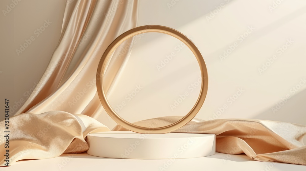 Podium pedestal, round golden circle frame and silky cloth in motion on beige background for product presentation or showcase empty mockup Podium pedestal, round golden circle frame and silky cloth in motion on beige background for product presentation or showcase empty mockup