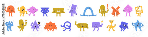 Cute geometric shapes characters set. Different abstract figures avatars. Squares, circles with various emotions, face expressions. Education. Flat isolated vector illustration no white background