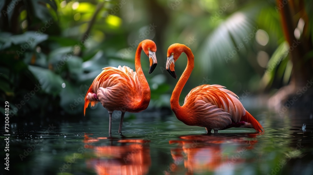 Fototapeta premium Caribbean flamingo standing in water with reflection. Cuba.