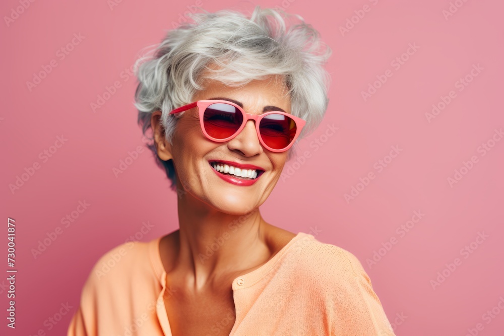 Portrait of smiling senior woman in pink sunglasses on pink background. Portrait of smiling senior woman in pink sunglasses on pink background.