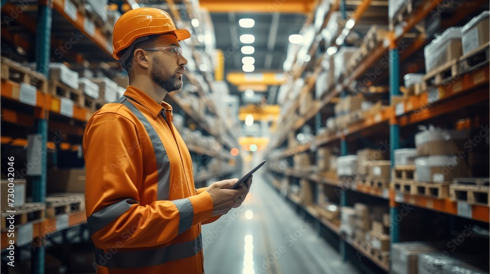Network, Logistics and transportation, Engineer inspection product in modern warehouse. Generative AI. Network, Logistics and transportation, Engineer inspection product in modern warehouse. Generative AI.