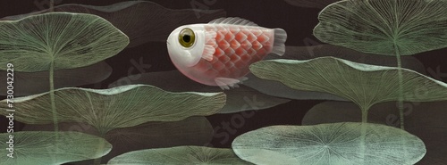 Canvas Print A fish alone in fantasy lotus garden, surreal painting