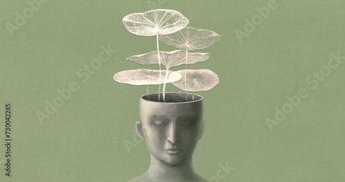 Concept art of mind, soul, calm and spiritual. nature and people. surreal painting. conceptual artwork. lotus leef on a human head. photo