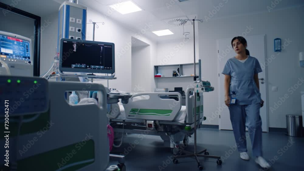 Emergency room with modern equipment in hospital. Elderly man in oxygen