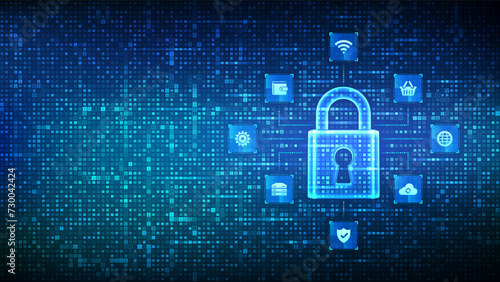 Cyber security. Data Protection. Internet network security technology concept. Padlock. Lock icon. Cybersecurity icons connections. Digital binary code background with digits 1.0. Vector Illustration.