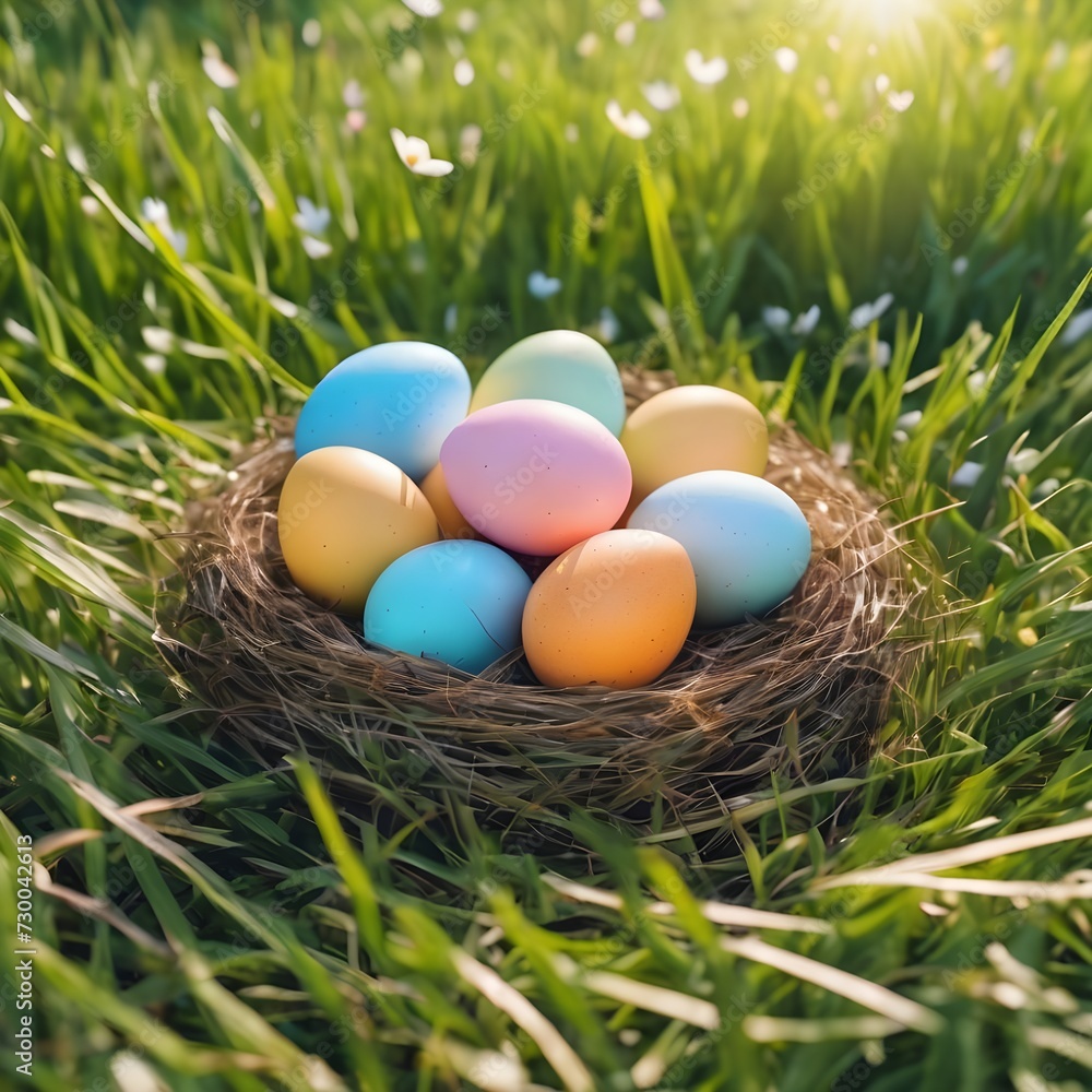 Nest with easter eggs in grass on a sunny spring day - Easter decoration Nest with easter eggs in grass on a sunny spring day - Easter decoration