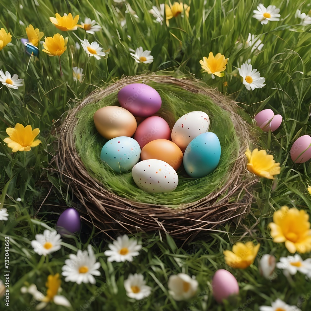 Nest with easter eggs in grass on a sunny spring day - Easter decoration Nest with easter eggs in grass on a sunny spring day - Easter decoration
