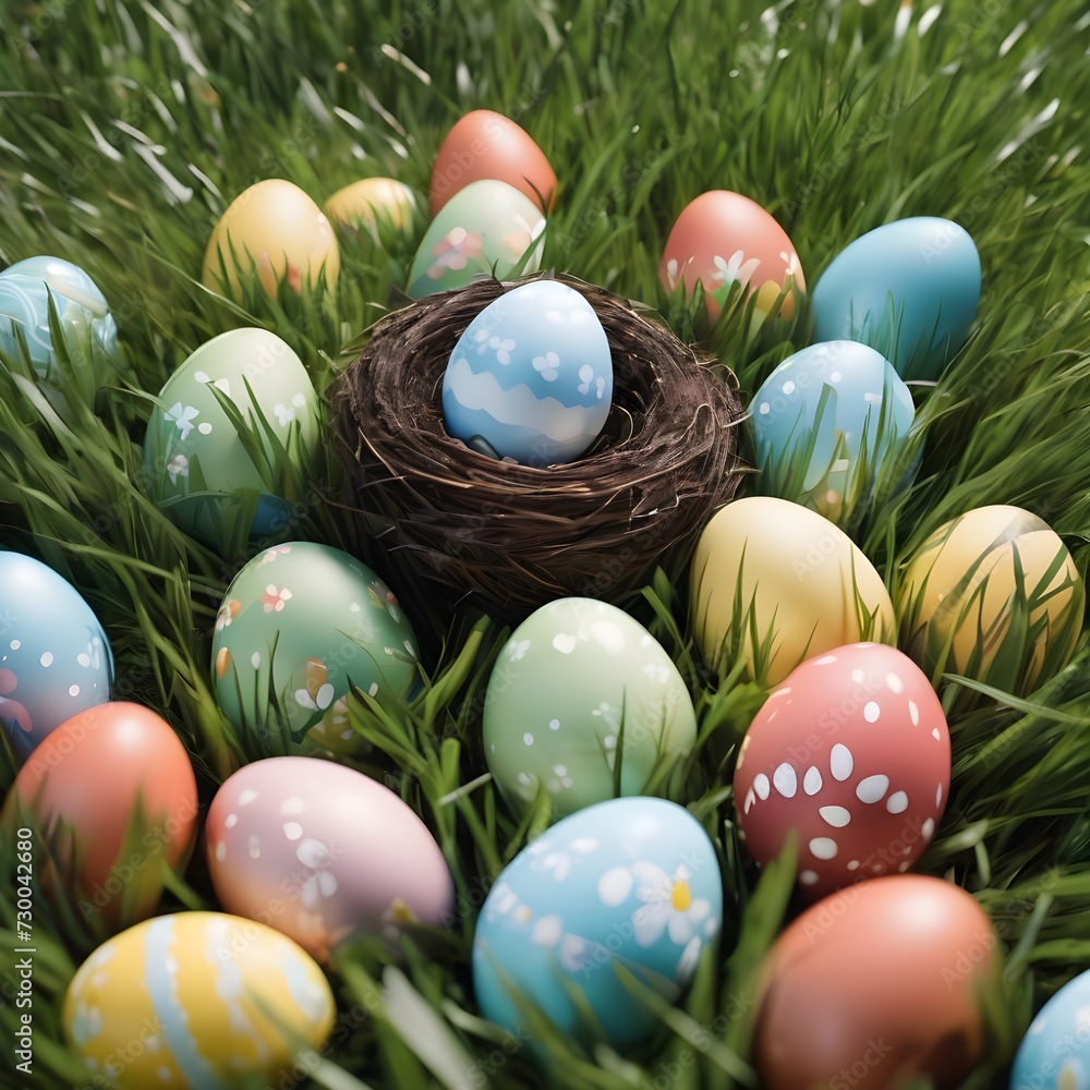 Nest with easter eggs in grass on a sunny spring day - Easter decoration Nest with easter eggs in grass on a sunny spring day - Easter decoration