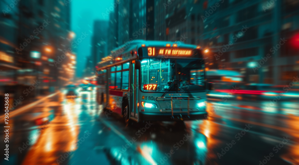 Bus, transportation and public transport shuttle for commuting service, passengers and travel. Bokeh, colourful night lights and city view for background, copyspace and busy urban highway traffic