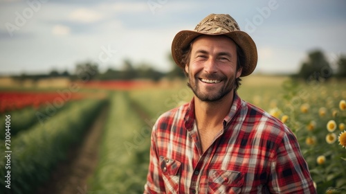 Farmer wearing a red plaid shirt smiles and stand work at field. Generative AI.