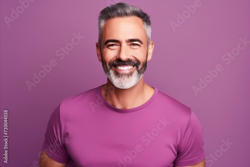 Handsome mature man in purple t-shirt is looking at camera and smiling, on purple background