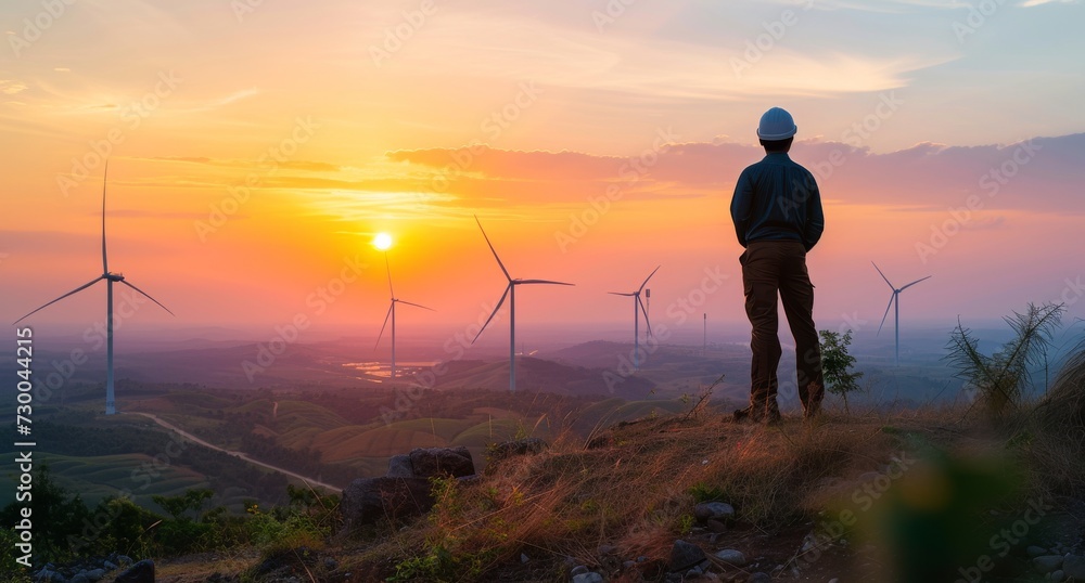 Engineer wearing an hardhat stands on top of a hill and looks at a beautiful sunset windmill landscape.