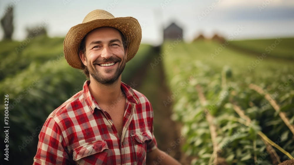 Farmer wearing a red plaid shirt smiles and stand work at field. Generative AI.