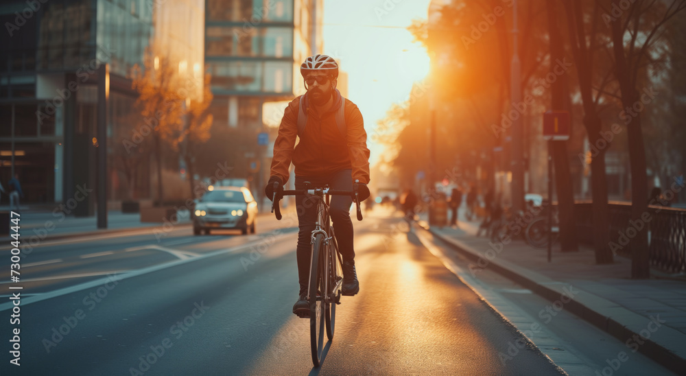 Man, bicycle and environmentally friendly transport for commute, transportation and travel. Sunrise, morning light and dawn background of male or worker on bike on his way to the office or home - obrazy, fototapety, plakaty 