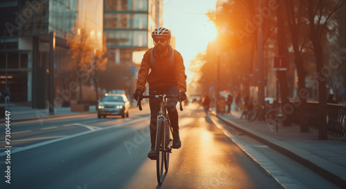 Man, bicycle and environmentally friendly transport for commute, transportation and travel. Sunrise, morning light and dawn background of male or worker on bike on his way to the office or home photo