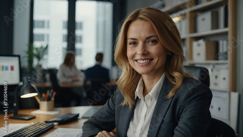 portrait of happy smiling businesswoman sitting at her desk in her office looking at the camera