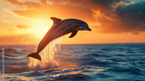 Dolphins leap across the surface of the water in the evening, lit up beautifully by the sunlight. © Gun
