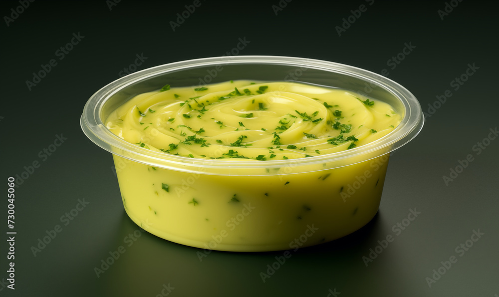 melted garlic chive butter in a plastic to-go container melted garlic chive butter in a plastic to-go container