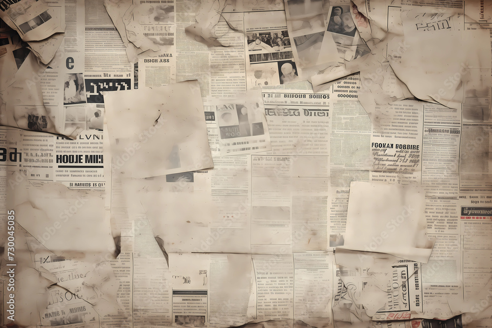 Obraz premium Newspaper cut up into pieces papers. Scratched scrap paper textures background, old vintage newspaper. Vintage grunge blurred paper news texture horizontal background