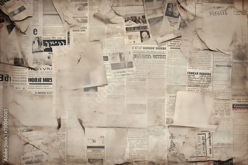 Newspaper cut up into pieces papers. Scratched scrap paper textures background, old vintage newspaper. Vintage grunge blurred paper news texture horizontal background