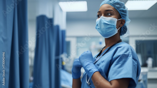 female healthcare professional in blue scrubs and surgical mask, standing confidently in a hospital setting, possibly preparing for a medical procedure.
