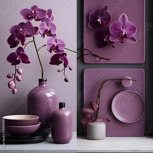 a kitchen with a mysterious and elegant orchid-inspired color palette. Picture cabinets in deep shades of plum and orchid