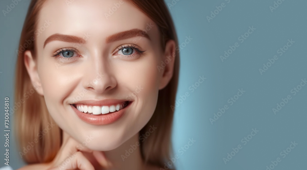 Naklejka premium Beauty portrait of a smiling woman with a smile on her white teeth. Banner for dentistry. Copy space