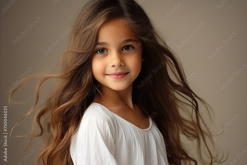 portrait of a beautiful little girl with long hair on a gray background portrait of a beautiful little girl with long hair on a gray background