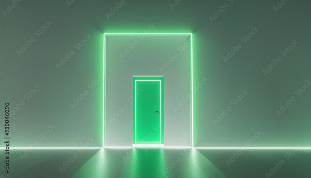 3d rendering, abstract minimalist geometric background. Bright daylight, green neon light. Doorway portal glowing in the dark