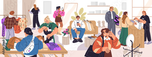 People shopping in clothes store panorama. Girl tries accessories, guy waiting on sofa. Customers choose, buy stylish garment. Cashier works, sales on boutique counter. Flat vector illustration