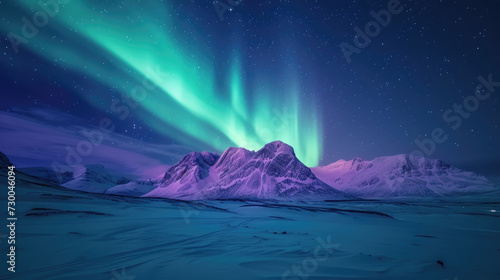 Stunning view of the vibrant Aurora Borealis with bright colors over a snowy mountain landscape © boxstock production
