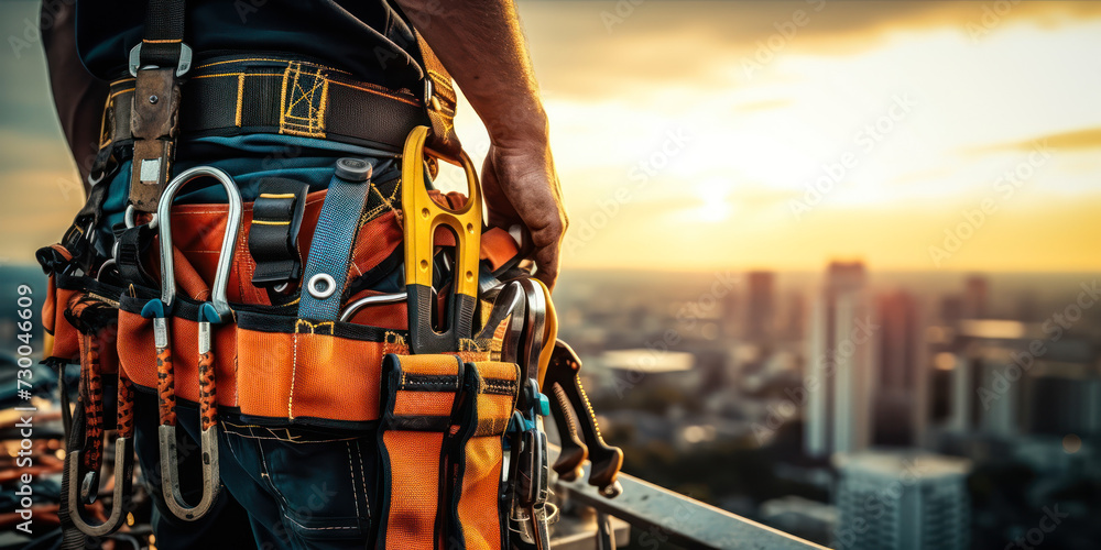 Close-up of construction workers tool belt with various tools on a high-rise construction site at sunset, showcasing industry safety and labor - obrazy, fototapety, plakaty 