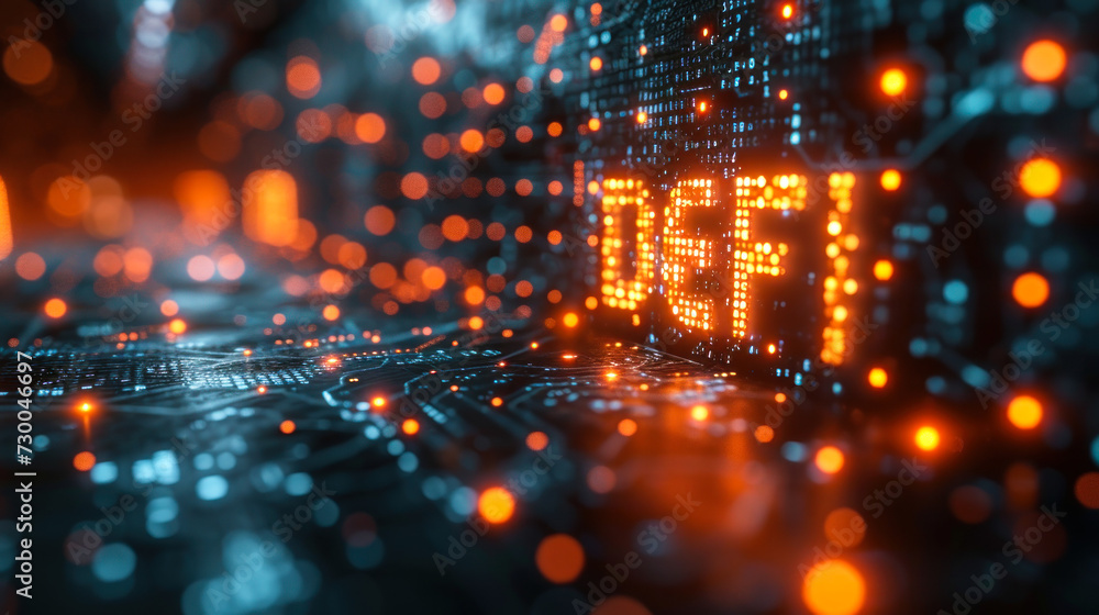 Futuristic 'DeFi' neon signage over a blockchain network backdrop, symbolizing decentralized finance, cryptocurrency innovation, and digital economy transformation Futuristic 'DeFi' neon signage over a blockchain network backdrop, symbolizing decentralized finance, cryptocurrency innovation, and digital economy transformation