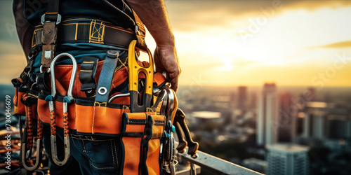 Close-up of construction workers tool belt with various tools on a high-rise construction site at sunset, showcasing industry safety and labor photo