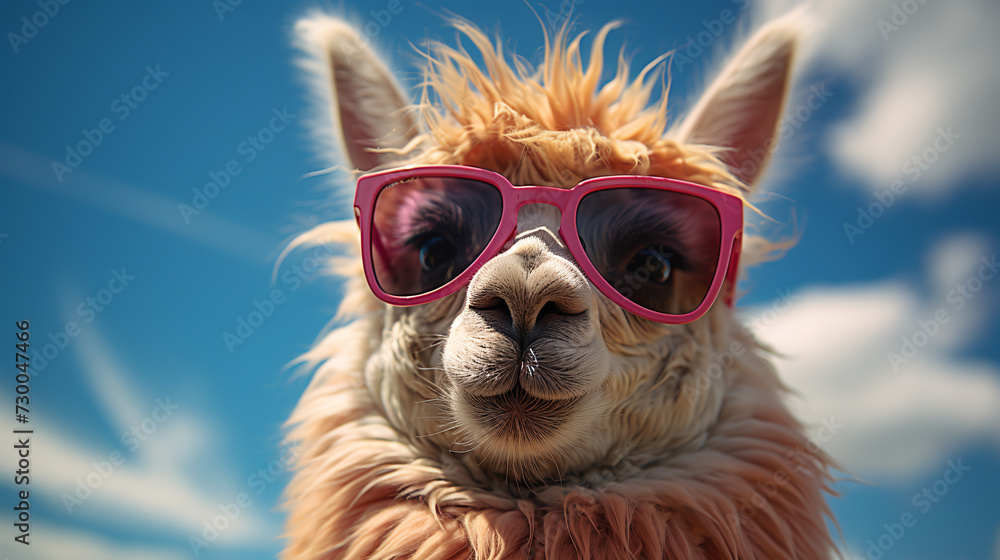 lama portrait with sunglasses, Funny animals in a group together looking at the camera, wearing clothes, having fun together, taking a selfie, An unusual moment full of fun ai generative