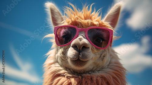 lama portrait with sunglasses, Funny animals in a group together looking at the camera, wearing clothes, having fun together, taking a selfie, An unusual moment full of fun ai generative © Екатерина Чумаченко
