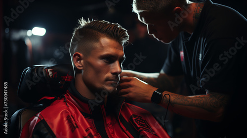 A barber finishing a haircut with a straight razor line-up, creating a sharp and well-defined look. Concept of stylish grooming. Generative Ai.