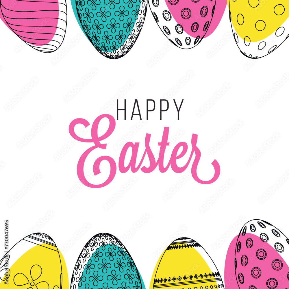 Happy Easter Greeting Card Design with Doodle Style Colorful Painted Eggs Decorate on White Background.