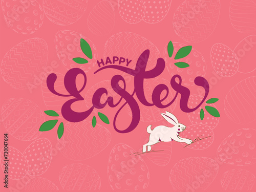 Cartoon Cute Bunny Running on Doodle Eggs Pattern Pink Background for Happy Easter Celebration Concept.
