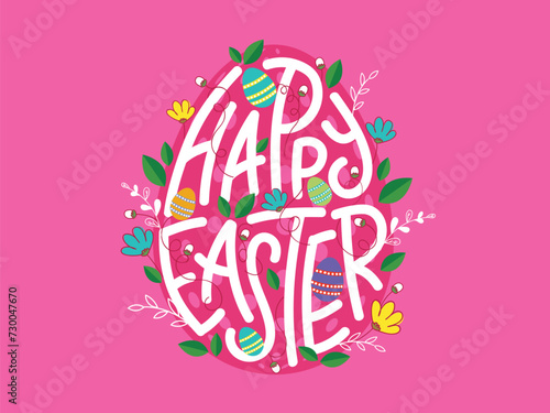 Happy Easter Text with Floral Decorate Egg Shape on Pink Background. Can Be Used Greeting Card Design.