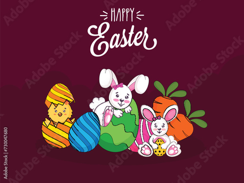 Fototapeta Naklejka Na Ścianę i Meble -  Happy Easter Celebration Concept with Cartoon Cute Chick, Bunny, Painted Eggs and Carrots Illustration.