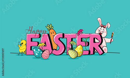 3D Style Happy Easter Text with Cartoon Bunny, Chicken, Carrot, Eggs and Flower on Turquoise Background.