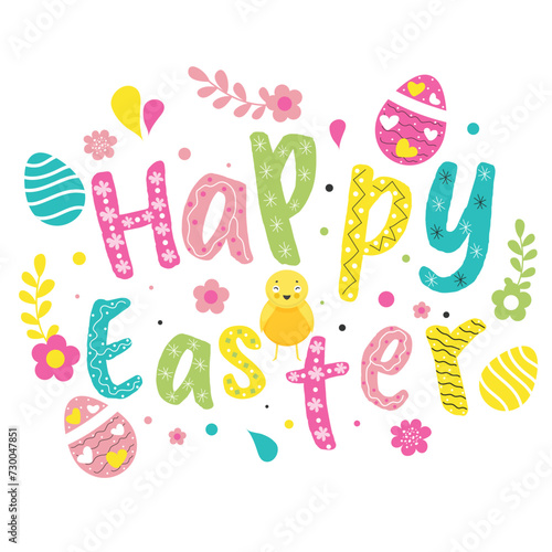 Happy Easter Text Decorated Egg and Floral, Cute Baby Chicken. Can Be Used Greeting Card Design.