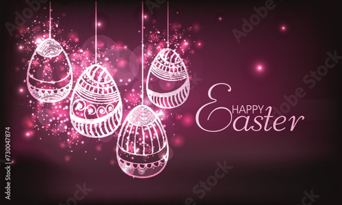 Beautiful Floral Design Painted Eggs Hanging on Dark Pink Light Effect Background for Happy Easter Celebration Concept.