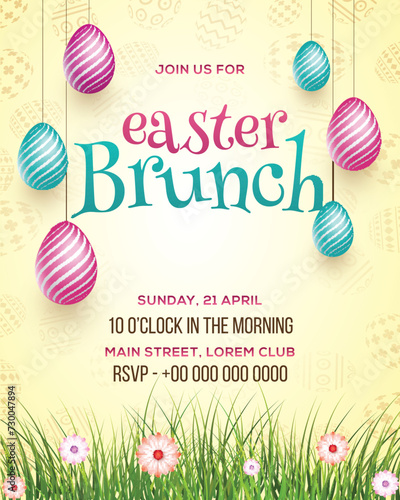 Easter Brunch Invitation Card for Template Design With Colorful Painted Egg, Venue Details, Date and Time.