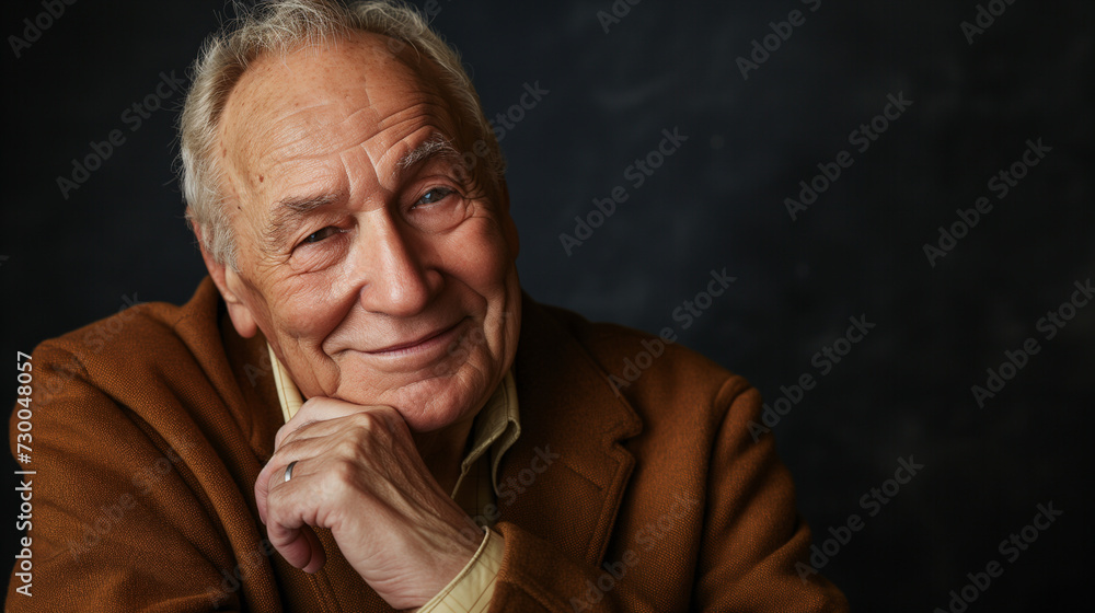 Portrait eines älterer Mann oder Senior der gut gekleidet ist und lachend und zufrieden in die Kamera lacht mit schwarz grauen Hintergrund - obrazy, fototapety, plakaty 