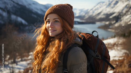 smile of tourist woman Looking Up tourist attraction mountains lake. ai generative